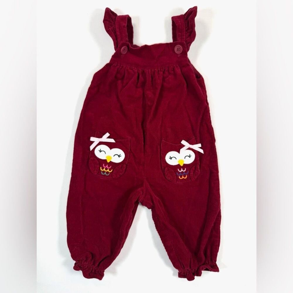 CRACKER BARREL Baby Girls’‎ Red Corduroy Owl Knee Patch Ruffle Overalls Size 12M